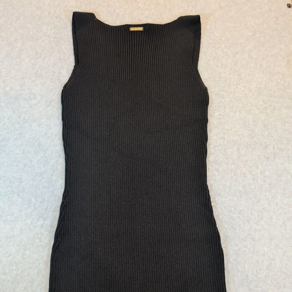Michael Kors Womens L Black Ribbed Knit Bodycon Midi Dress V-Neck Sleeveless